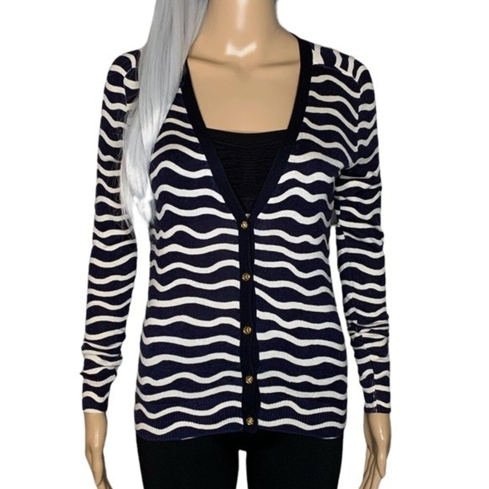 Tory Burch Madeline Navy Zebra Cashmere Cardigan Size XS